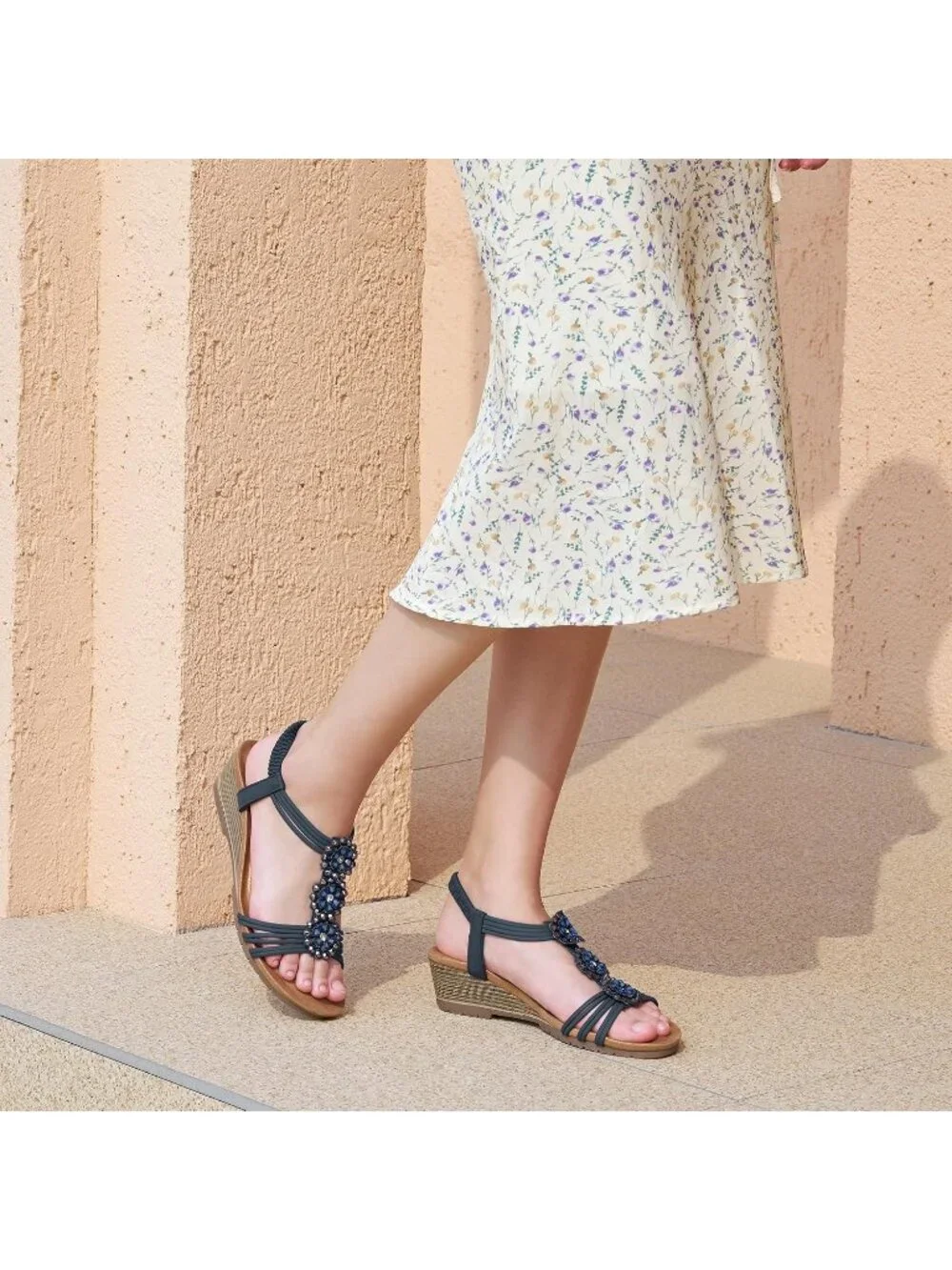 Women's Blue Floral Rhinestone Elastic Slingback Low Wedge Heel Sandals Shoes